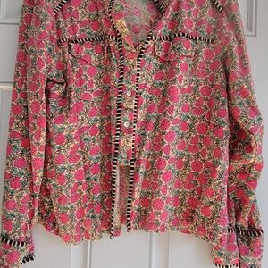 NATURAL LIFE Pink Floral Button-Up Shirt with Black-Trim Accents